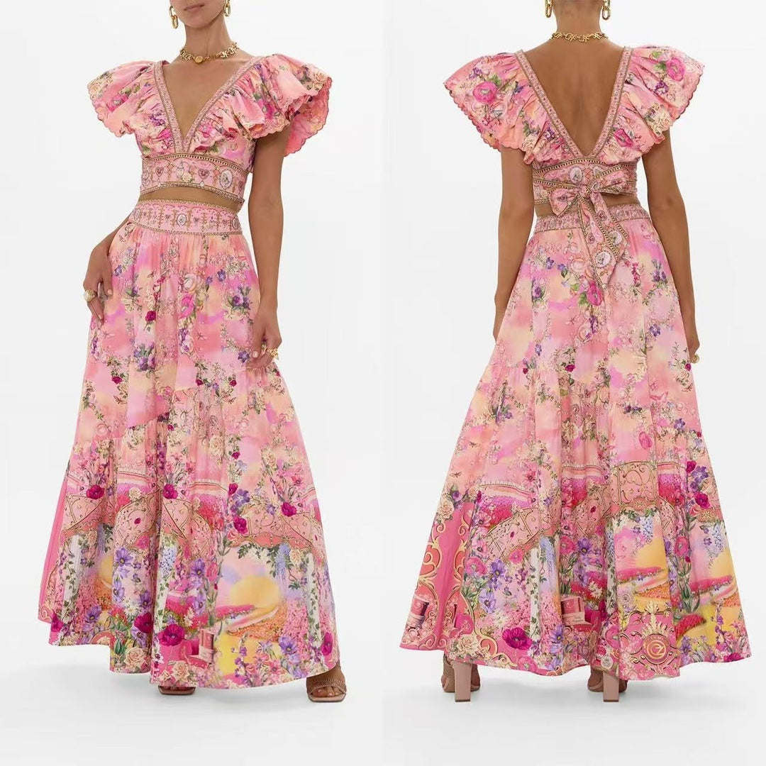 CAMILLA  Double V-neck ruffled back lace-up top + skirt set