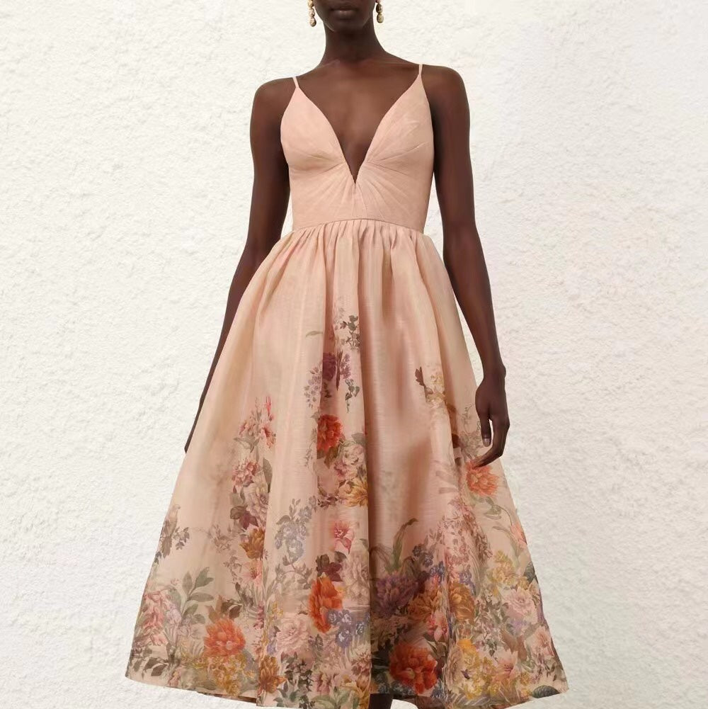ZIMMERM* Colorful flower print V-neck suspender dress