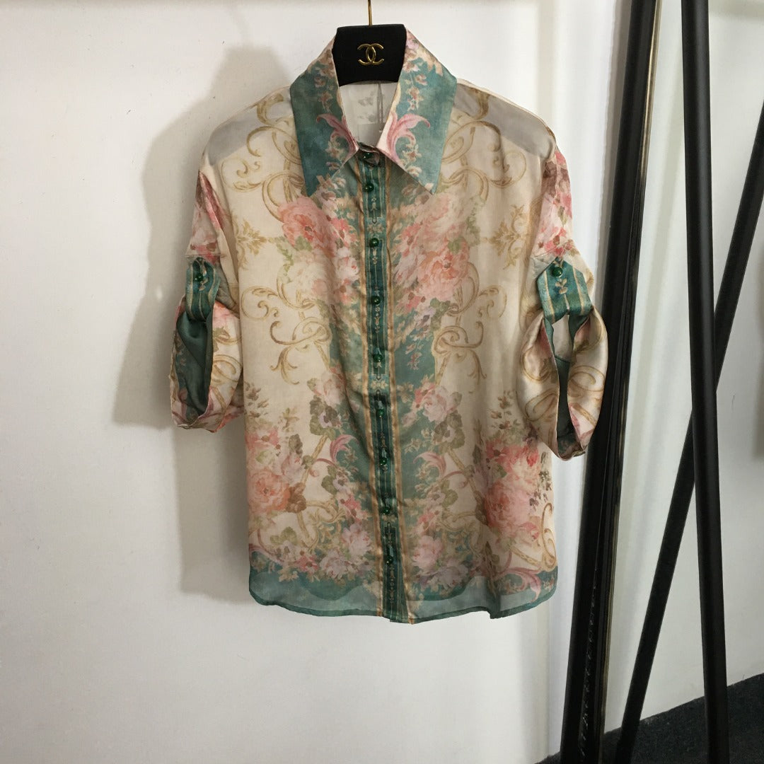 ZIM* Flower Print Short Sleeve Shirt + Drawstring High Waist Wide Leg Pants