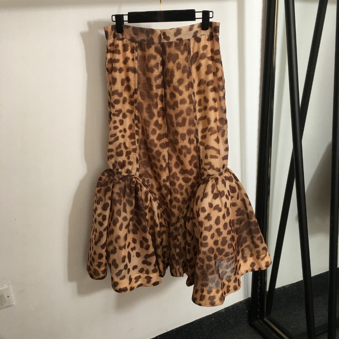 ZIM* Bubble leopard print long-sleeved shirt + high-waist fishtail skirt