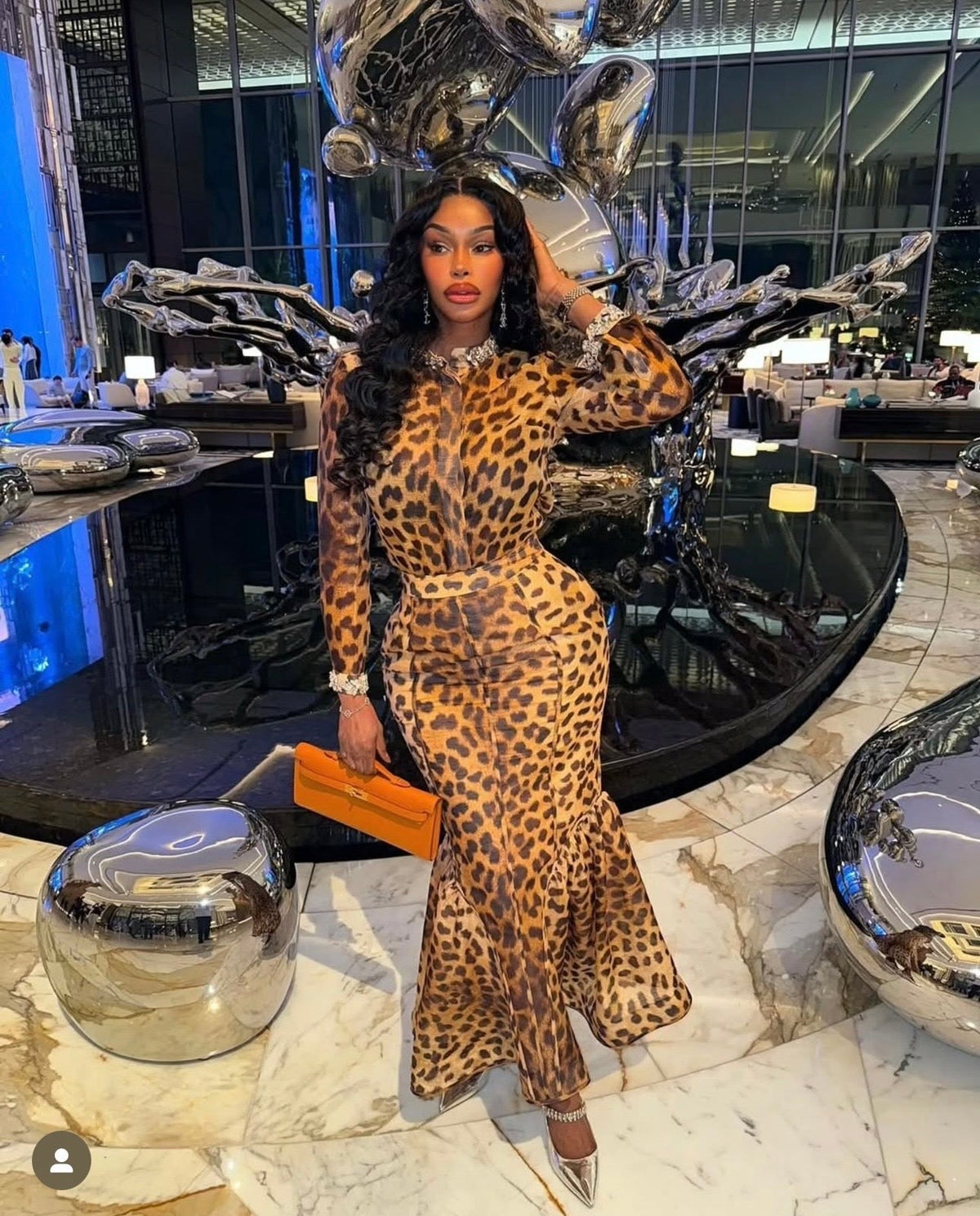 ZIM* Bubble leopard print long-sleeved shirt + high-waist fishtail skirt
