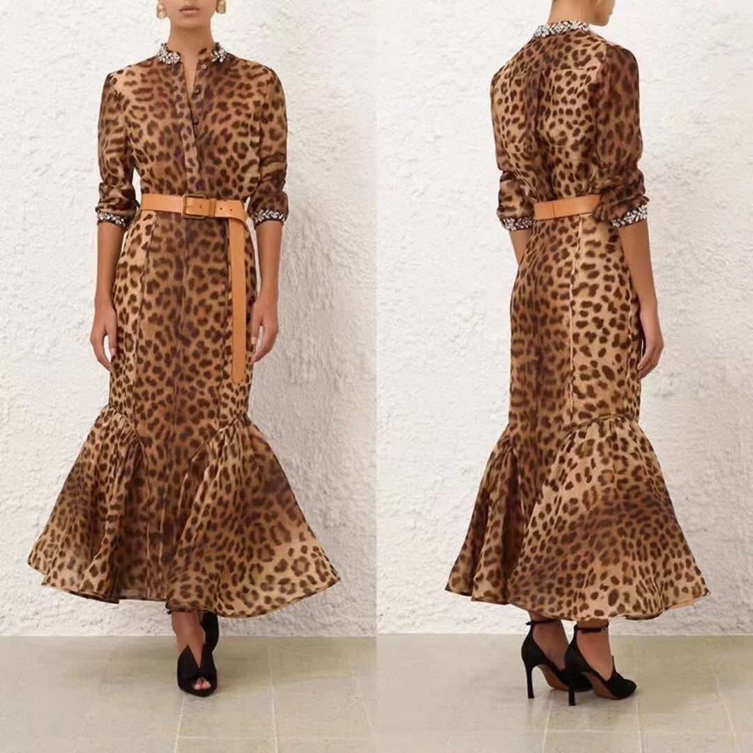 ZIM* Bubble leopard print long-sleeved shirt + high-waist fishtail skirt