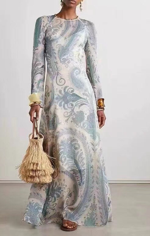 ZIM*Round neck tie waist long sleeve dress