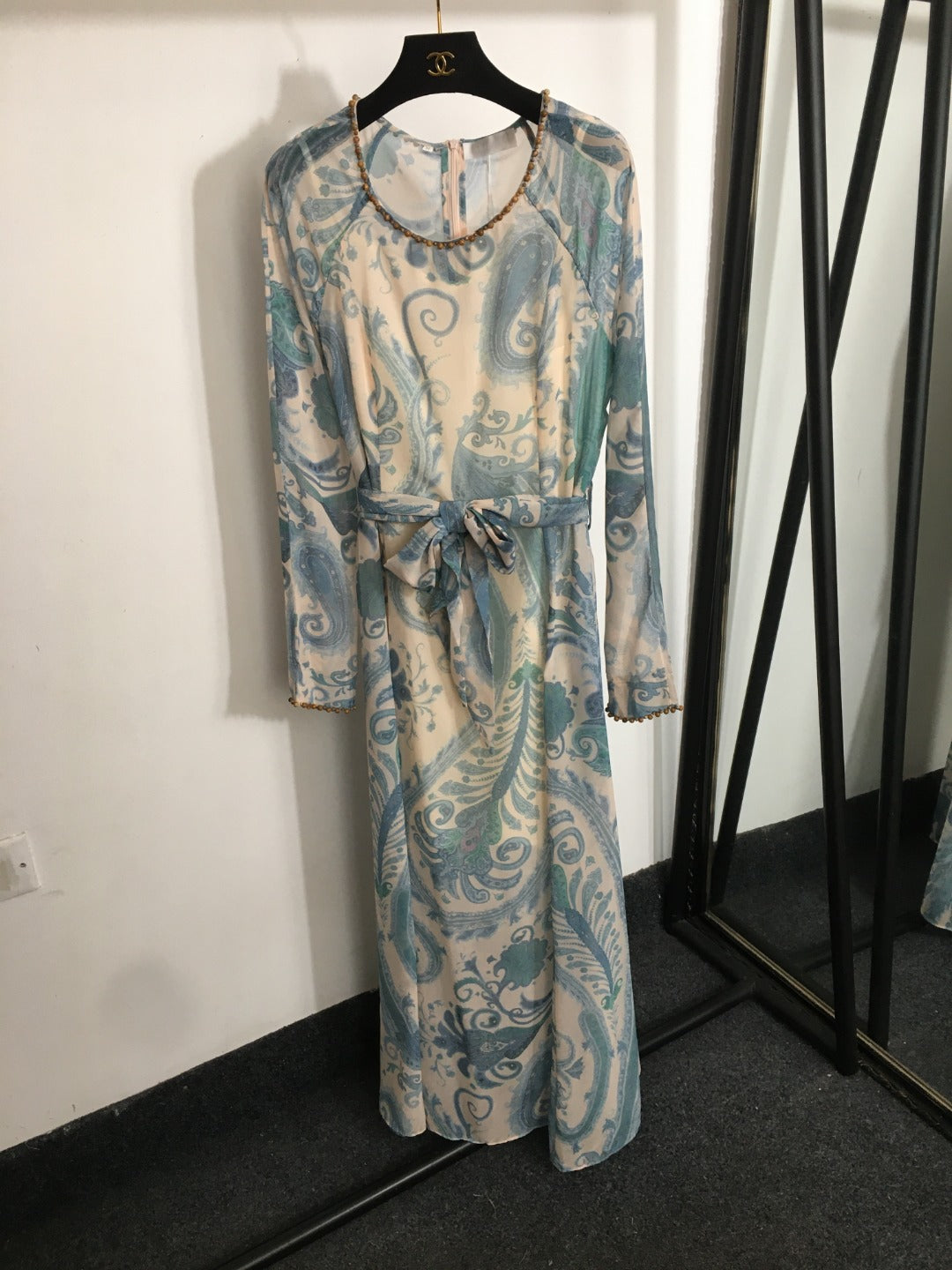 ZIM*Round neck tie waist long sleeve dress