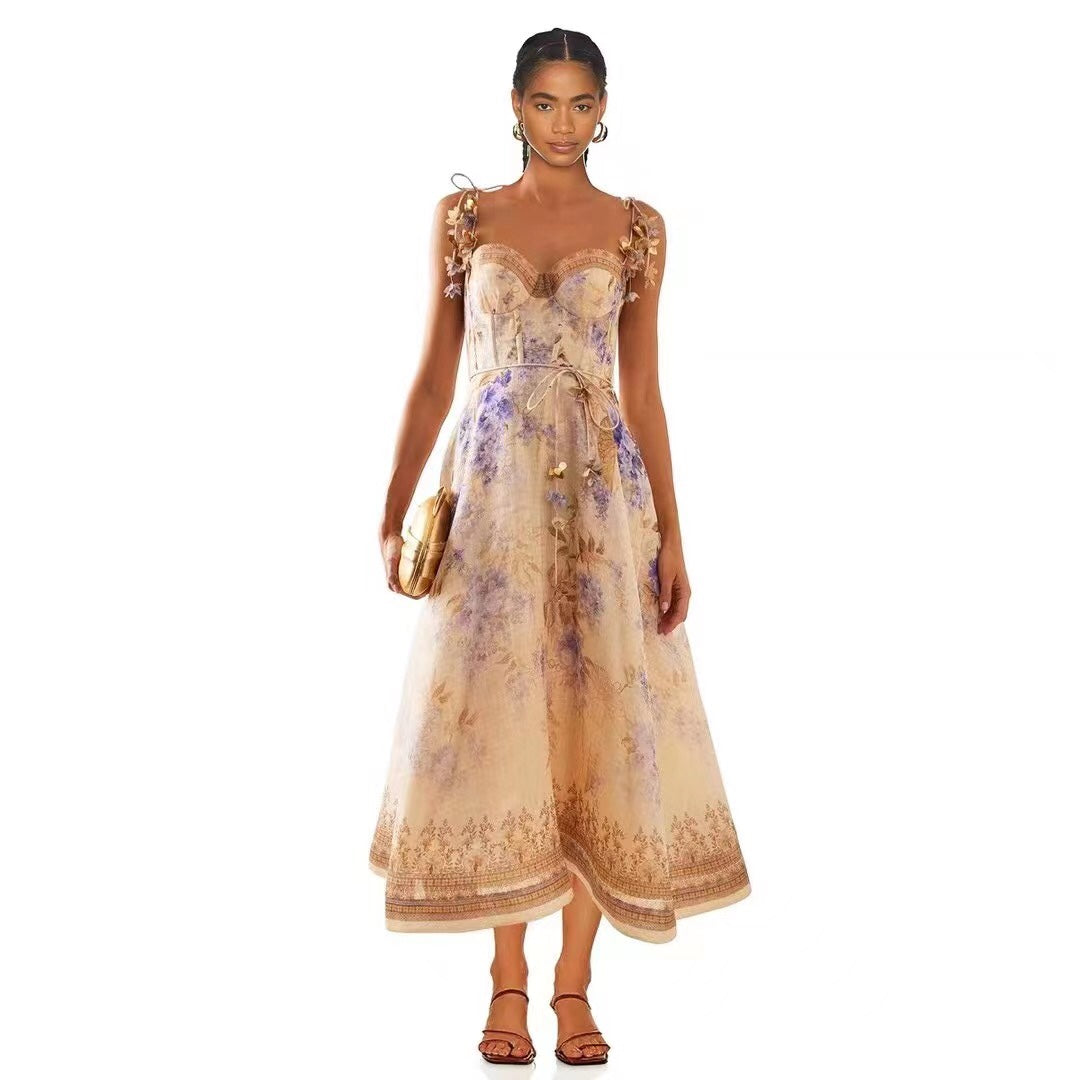 ZIM* Flower Print 3D Butterfly Petal Lace-Up Tube Dress