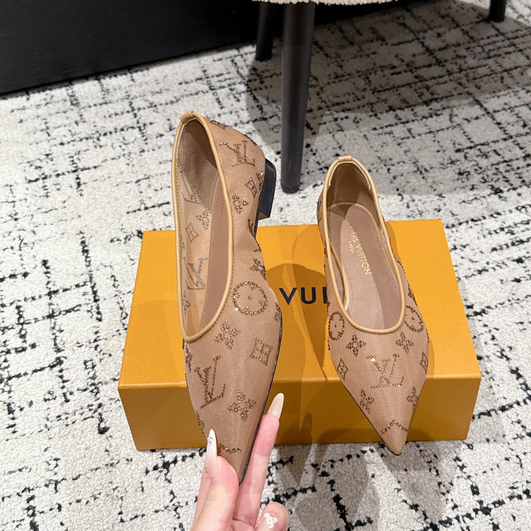 LOU* 25SS mesh diamond pointed toe flat shoes