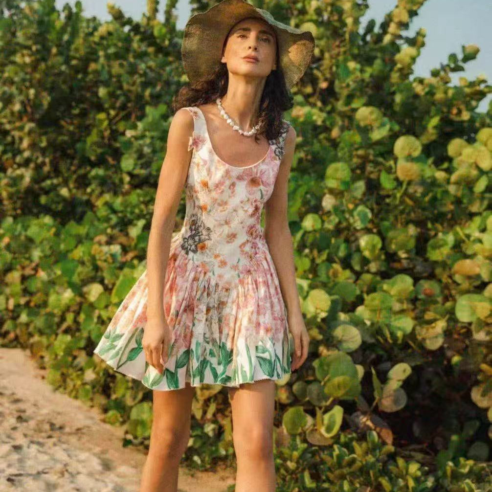 2026SS Heavy-Embellishment Pleated Dress with 3D Floral Embroidery