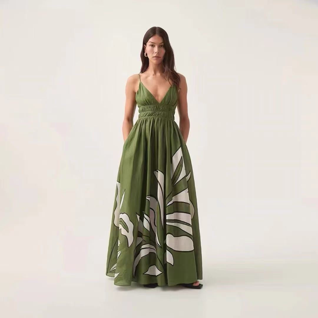 Leaf-Print Silk-Linen Spaghetti-Strap Dress