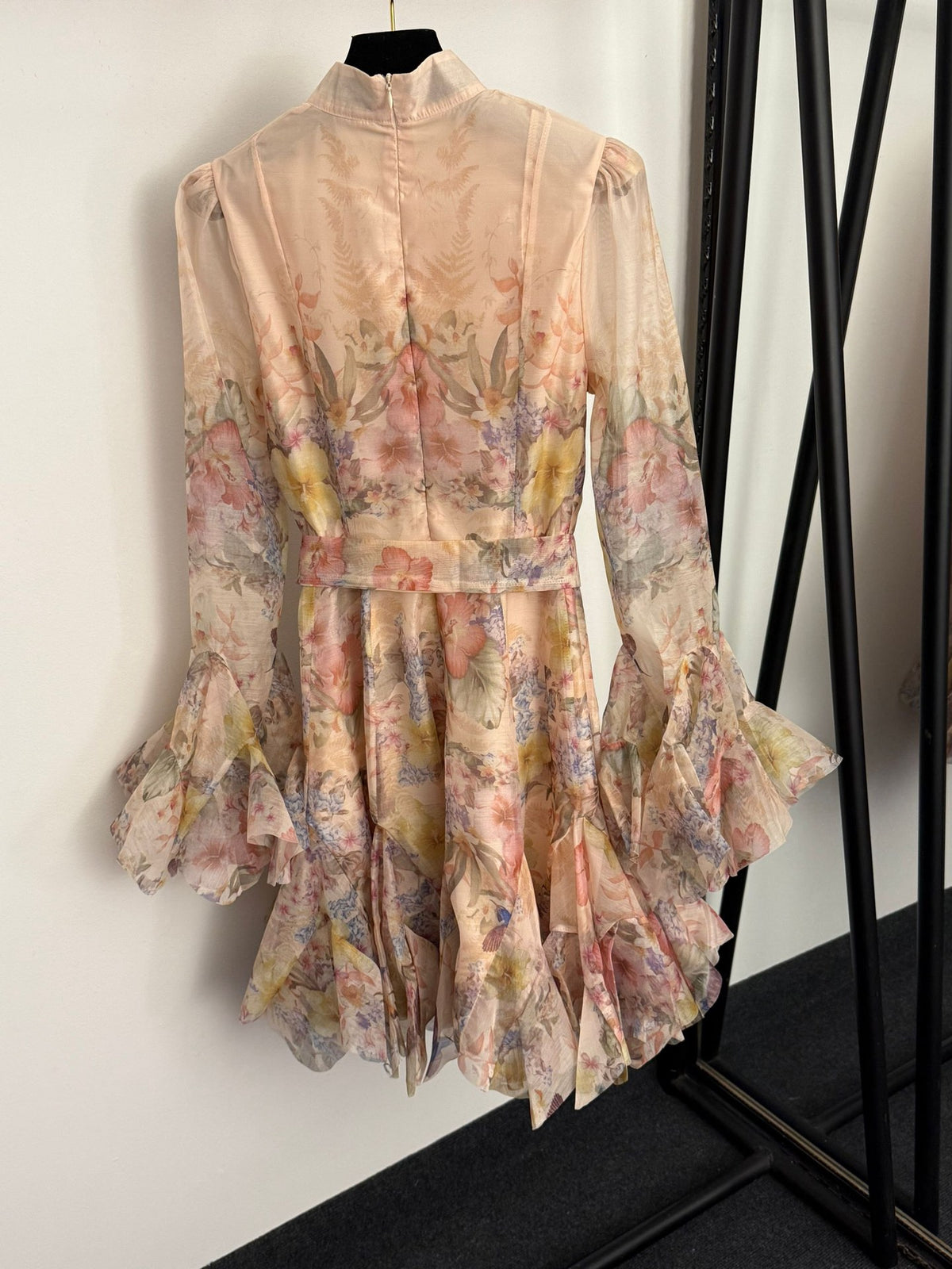 Floral Print Flounce-Hem Fit-and-Flare Dress with Waist Tie