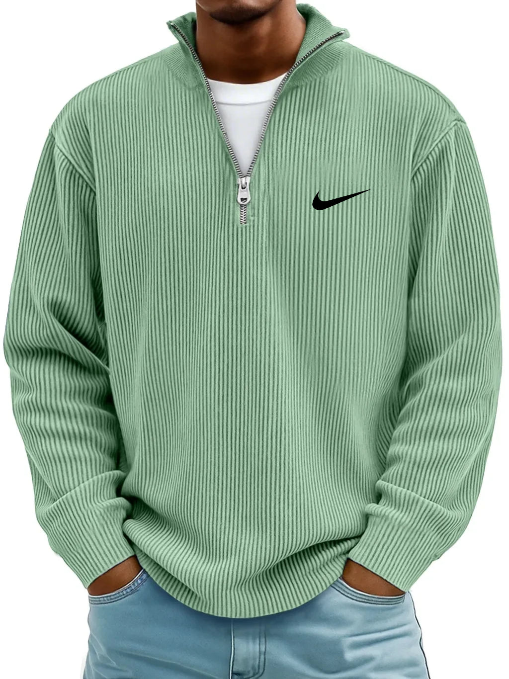 Men's Simple Casual Ribbed Stand Collar Zipper Long Sleeve T-shirt
