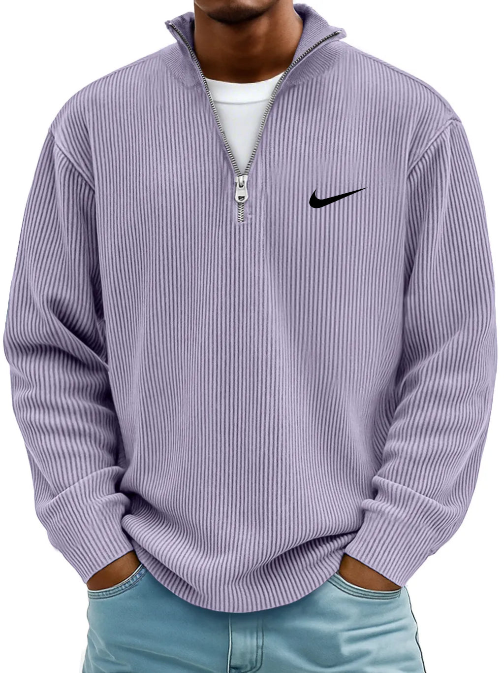 Men's Simple Casual Ribbed Stand Collar Zipper Long Sleeve T-shirt