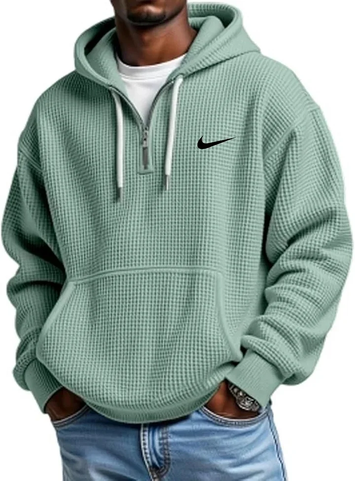Men's Casual Solid Waffle Zipper Long Sleeve Hooded Sweatshirt