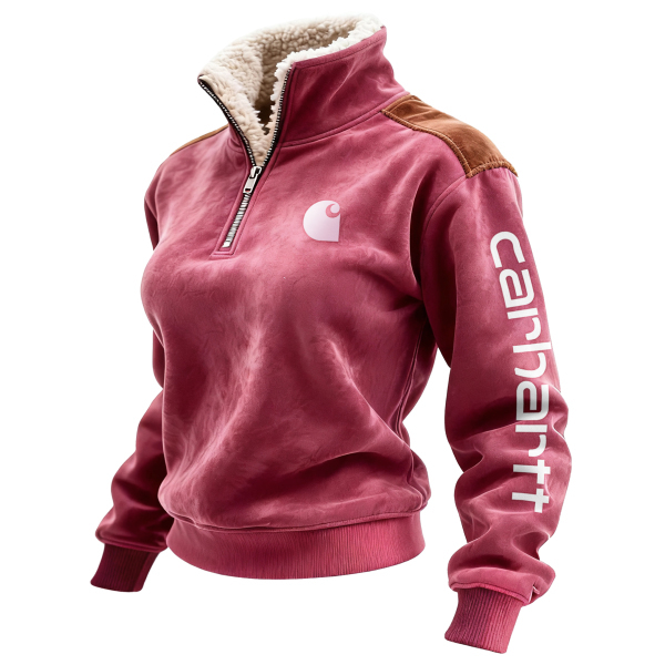 Retro Western Style Women's Contrast Color Patch Suede 1/4 Zip Stand Collar Sweatshirt