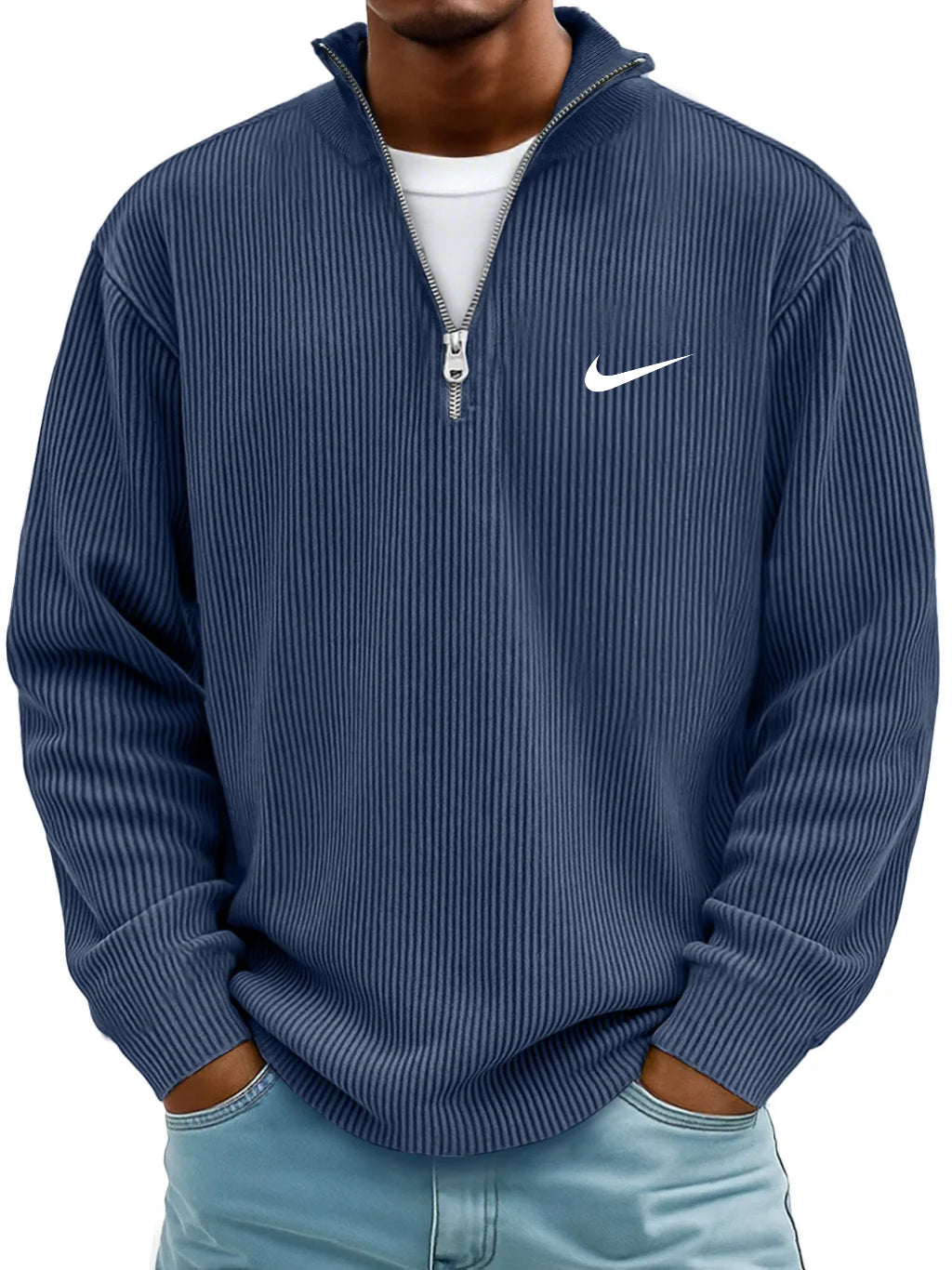 Men's Simple Casual Ribbed Stand Collar Zipper Long Sleeve T-shirt