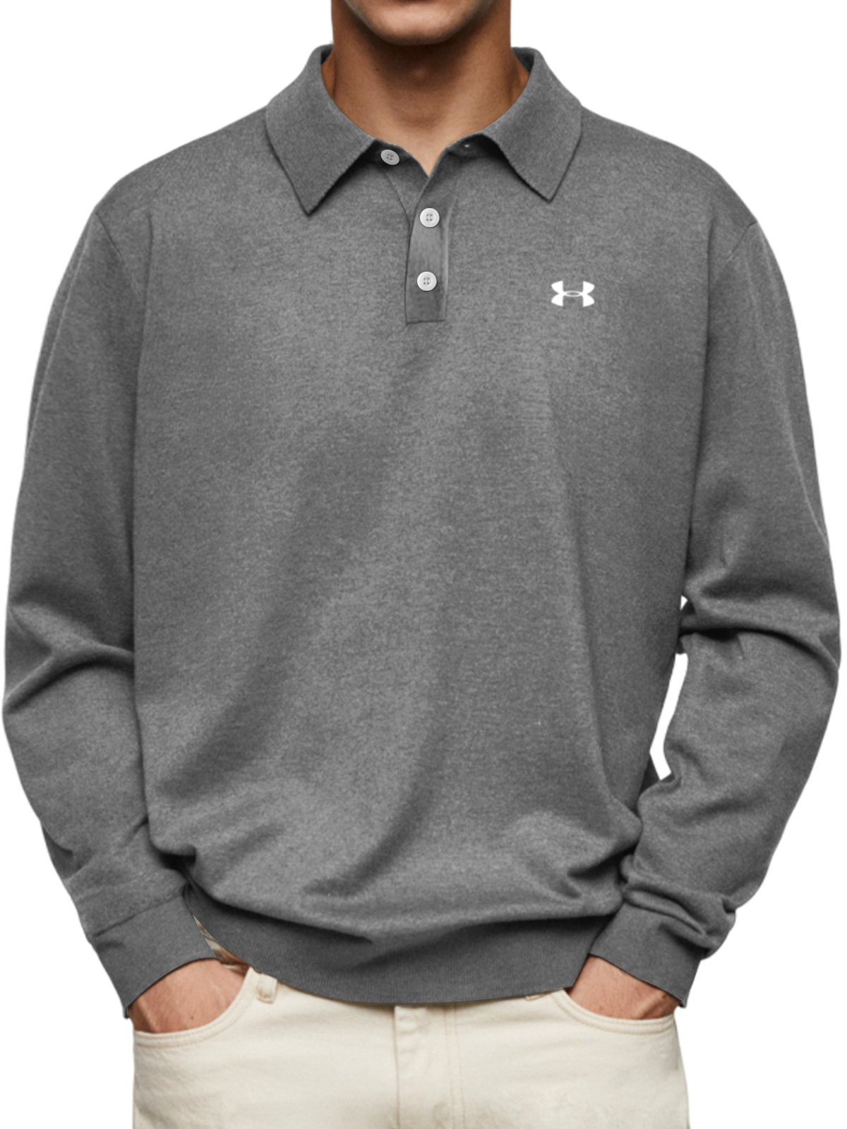 2025-Men's casual and comfortable solid color lapel long-sleeved POLO shirt