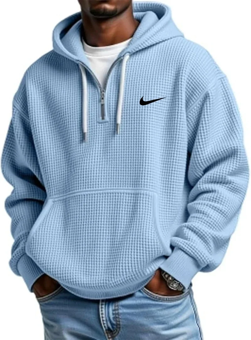 Men's Casual Solid Waffle Zipper Long Sleeve Hooded Sweatshirt