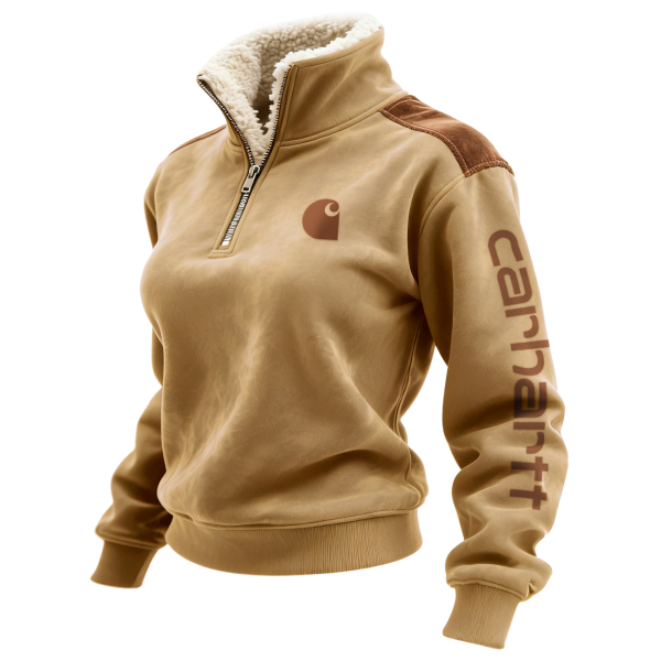 Retro Western Style Women's Contrast Color Patch Suede 1/4 Zip Stand Collar Sweatshirt