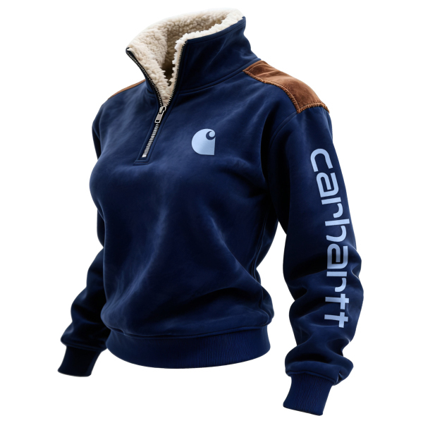 Retro Western Style Women's Contrast Color Patch Suede 1/4 Zip Stand Collar Sweatshirt