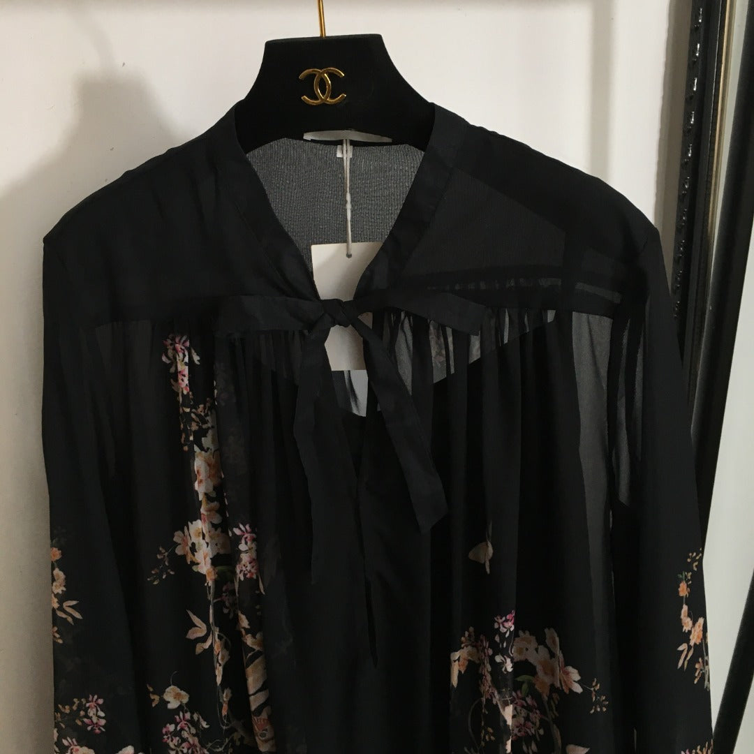 Zimmerma** Pink small flower print lotus leaf hem long sleeve flowing silk black dress