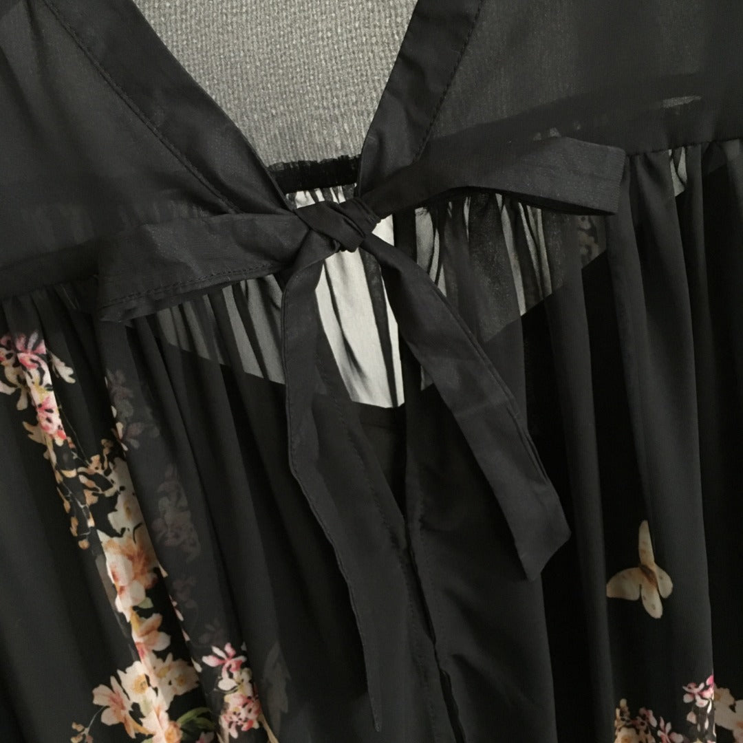Zimmerma** Pink small flower print lotus leaf hem long sleeve flowing silk black dress