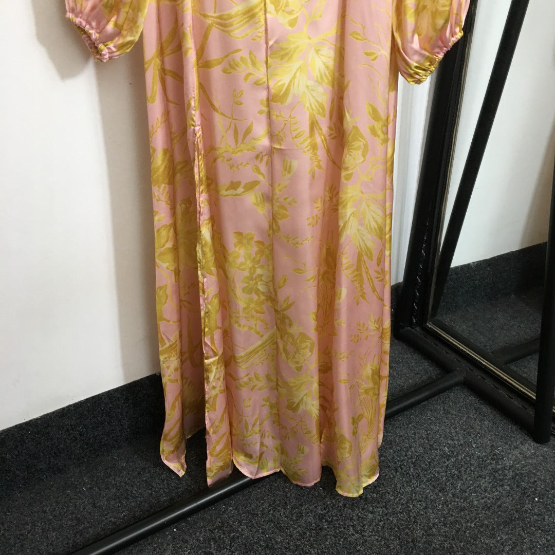 Zimmerma** Yellow Flower Print V-Neck Waist Lantern Long Sleeve Silk Dress