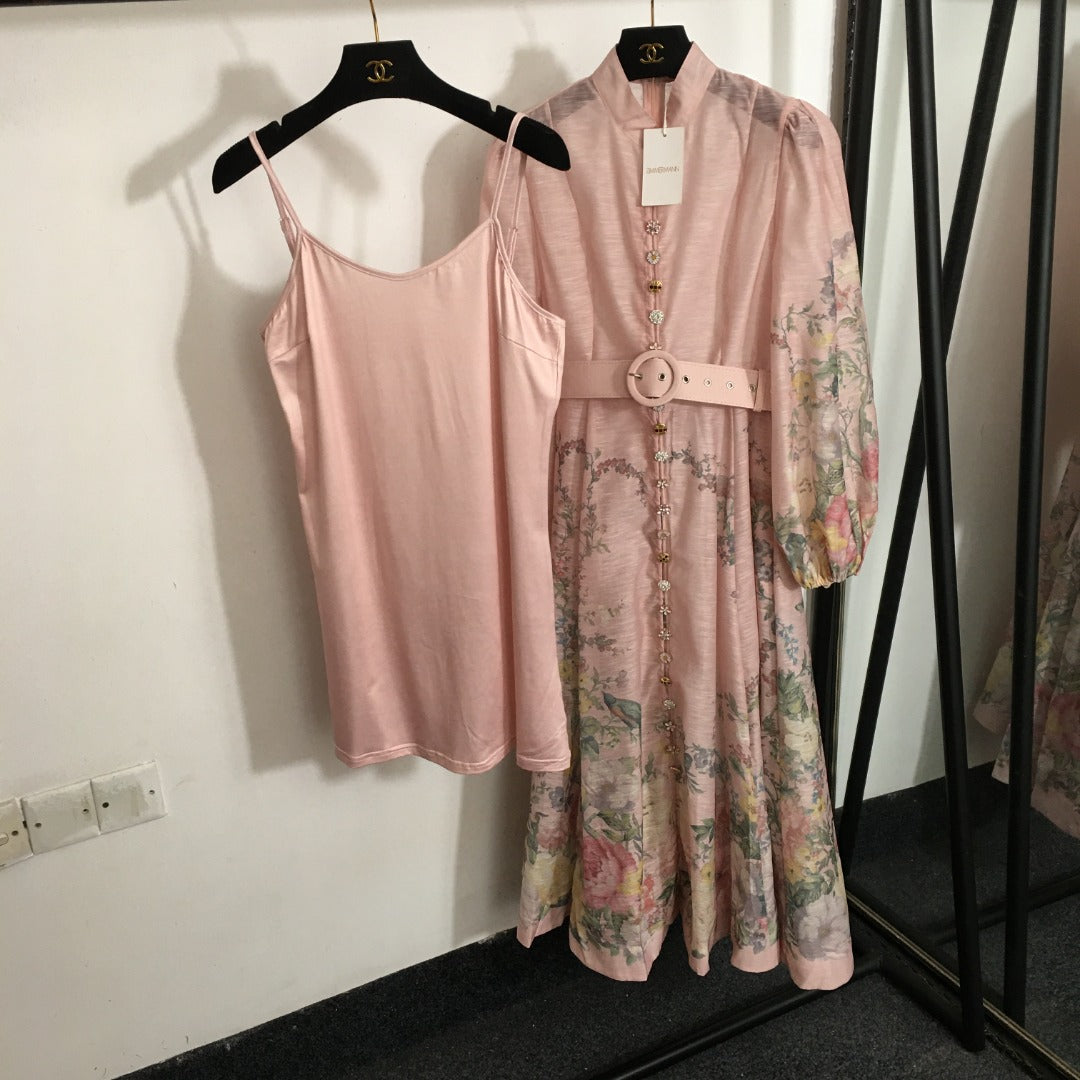 Zimmerma** new style elegant temperament linen colorful flower print diamond button lantern long sleeve dress with belt and suspender lining
