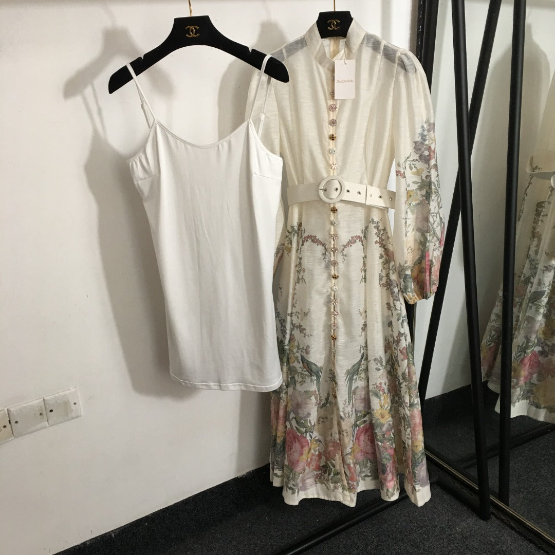 Zimmerma** new style elegant temperament linen colorful flower print diamond button lantern long sleeve dress with belt and suspender lining