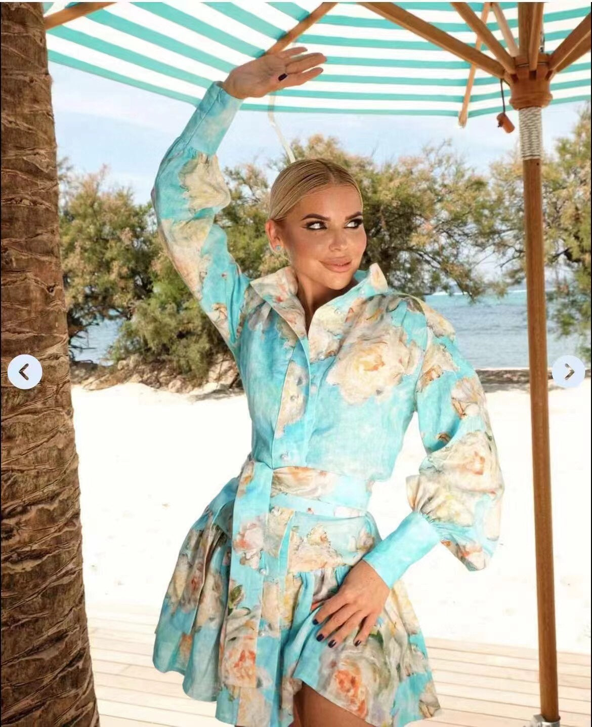ZIM**** New Pearl Button Temperament Large Flower Print Lace-up Waist Long Sleeve Dress